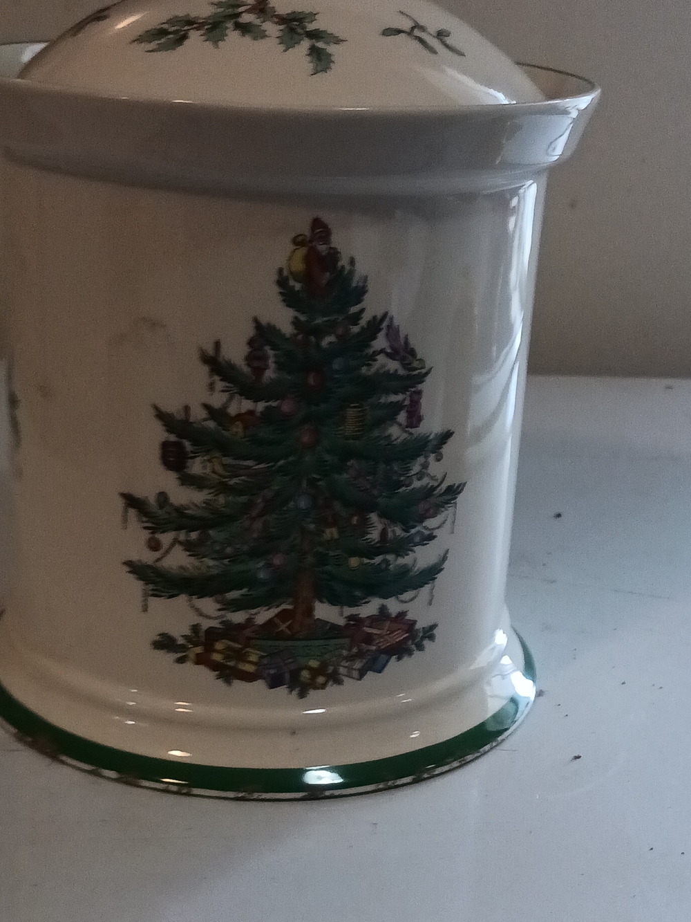 Holiday Ceramic Canister with Green Christmas Tree Design